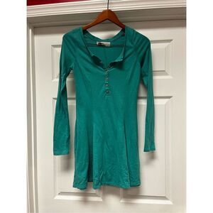 Free People Beach Henley Teal Long Sleeve Swing Dress sz XS EUC
